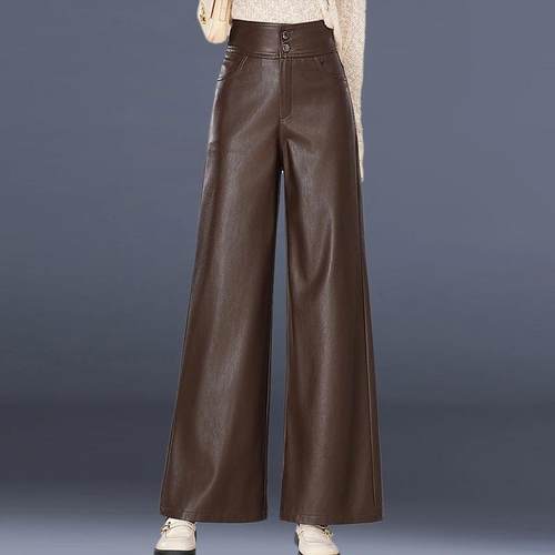 加绒加厚PU阔腿皮裤女装2025秋冬新款时尚高腰宽松长裤休闲直筒裤 - 图1