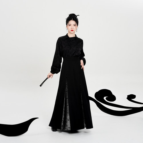 织造司[唐锦星辰]原创新中式织银团花铺褶改良三裥裙国风半身裙女 - 图0