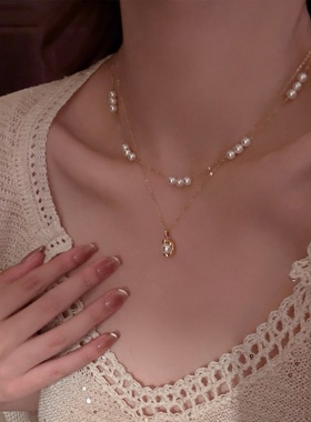 MISS HELEN念白遗珠双层项链女珍珠包金叠戴气质锁骨链生日礼物