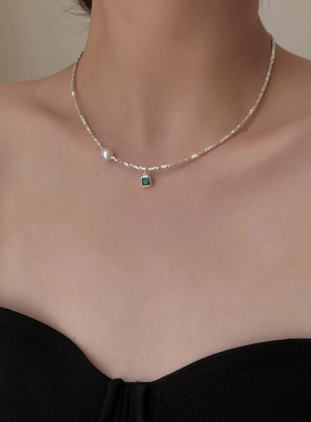 祖母绿方锆石碎银几两项链S925银