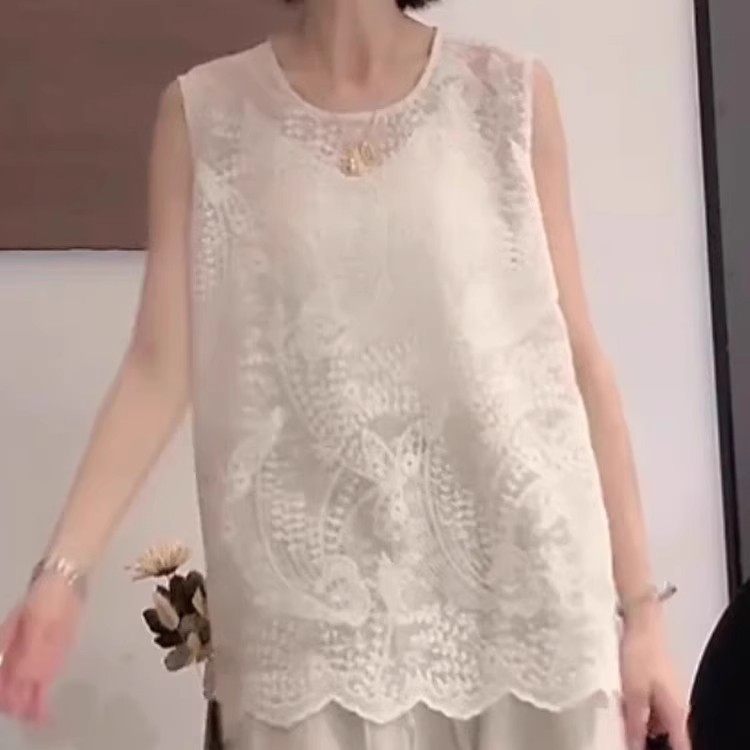 法式温柔圆领无袖绣花蕾丝衫女2025夏季新款时尚叠穿宽松休闲上衣,淘宝优惠券,粉丝福利购,淘宝优惠卷