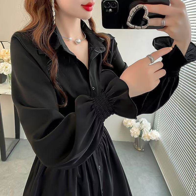 韩版秋上衣女2025新款喇叭袖衬衫显瘦收腰设计中长款纯色雪纺衬衣