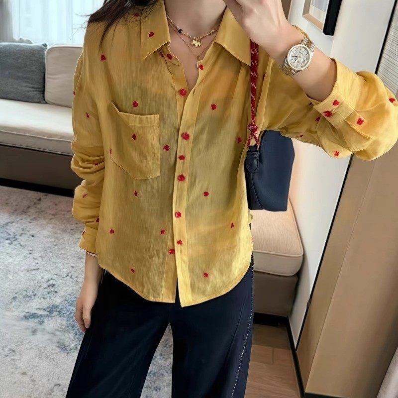 爱心印花长袖衬衫女夏季2025新款洋气减龄雪纺上衣大码宽松防晒衣,淘宝优惠券,粉丝福利购,淘宝优惠卷