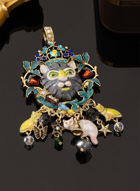 Vintagevintage中古Kf吊坠百搭珐琅滴油项链灰色小猫流苏磁吸中古