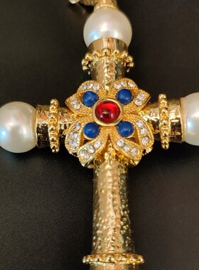 vintage欧美复古vintage中古石宝石闪钻镶嵌毛衣链双面十字架项链