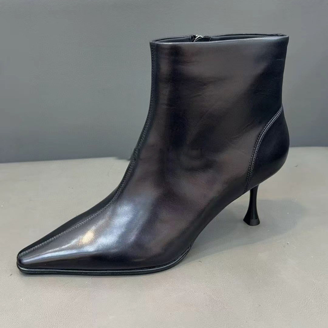 2025秋新款真皮细跟短靴女英伦风复古马丁靴百搭高跟鞋舒适尖头鞋,淘宝优惠券,粉丝福利购,淘宝优惠卷