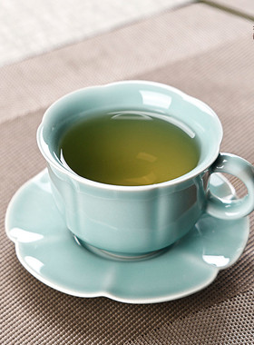 東作家花口杯龙泉青瓷咖啡杯子精