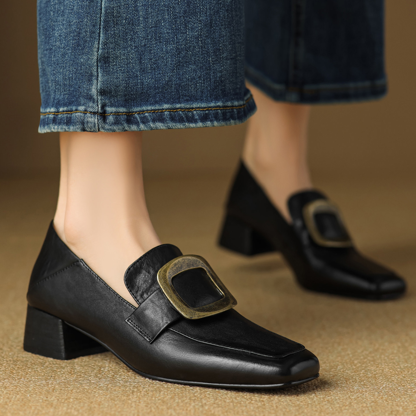 女鞋2026春季新款复古粗跟方头水洗头层牛皮深口中跟方扣女士单鞋,淘宝优惠券,粉丝福利购,淘宝优惠卷