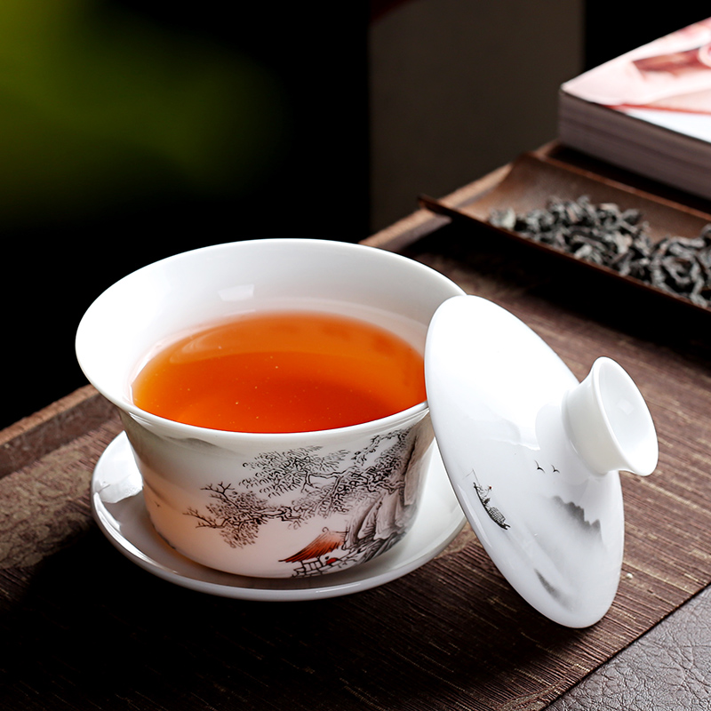 青花三才盖碗大号陶瓷单个泡茶碗白瓷八宝茶盏敬茶家用客厅茶杯具-图2