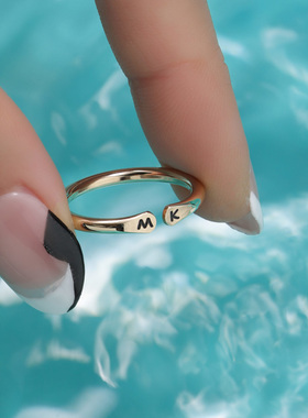 14K包金刻字定制字母开口戒指女 欧美简约冷淡风尾戒食指戒指