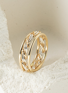 14K包金925纯银金银双色手工编织三环戒指女食指 欧美风小众轻奢