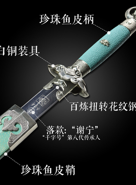 风荷剑龙泉千字号宝剑手工扭转花纹珍珠鱼皮宋剑工艺品摆件未开刃