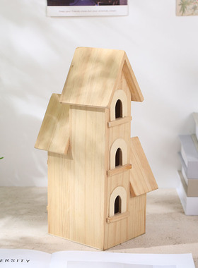 原木风装饰鸟屋儿童城堡小房子木质田园森系鸟窝手绘素材木质摆件