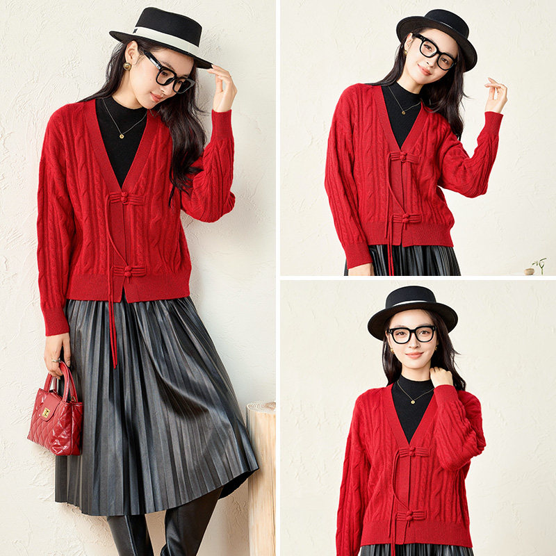 春竹100%纯羊绒开衫女冬新款V领新中式长袖针织毛衣外套女,淘宝优惠券,粉丝福利购,淘宝优惠卷