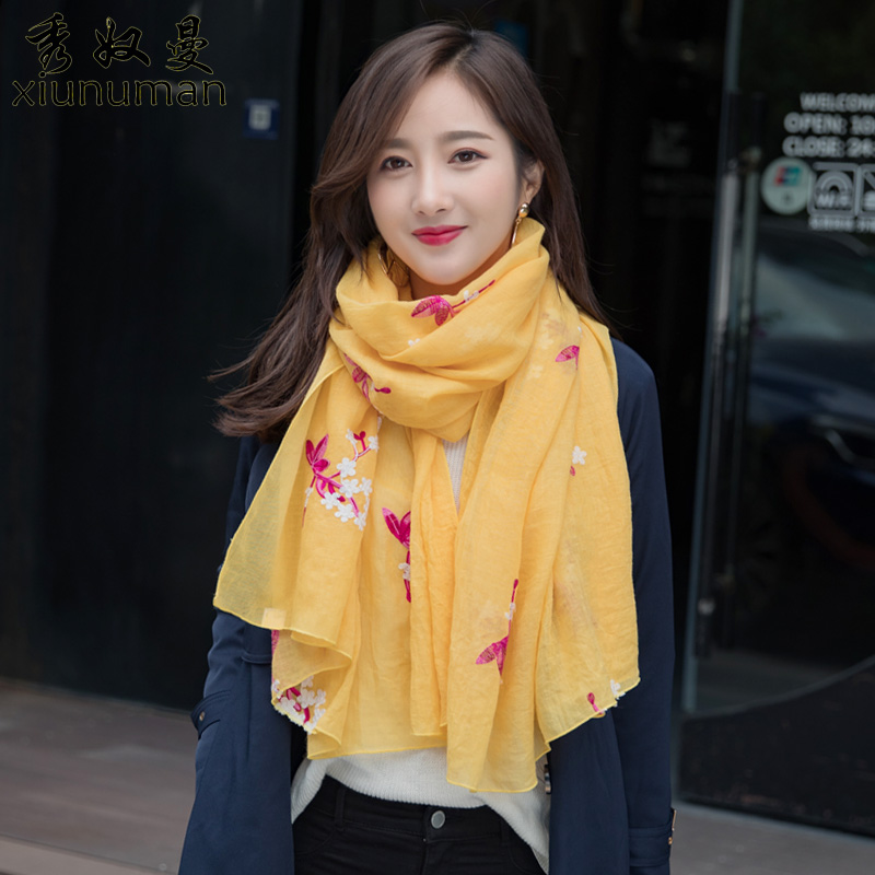 秀奴曼旗舰店夏季新款亚麻韩版百搭时尚民族风防晒围巾女刺绣棉麻丝巾披肩长款2