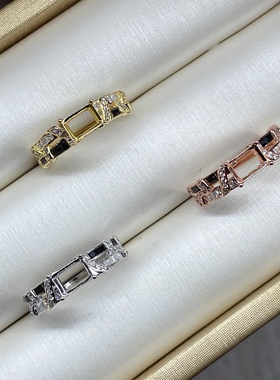 s925银饰戒指空托长方形5*7mm横镶日韩时尚轻奢活口戒托可调节