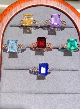 s925银饰戒指空托网红轻奢欧美新款开口戒托女镶托帕石长方6*87*9