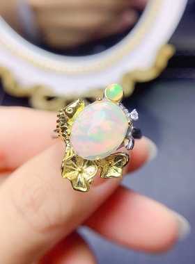 s925银饰戒指空托锦鲤款好运发财镶欧泊戒指活口女款旦形10x12mm