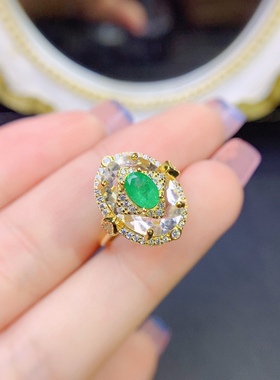 s925银饰戒指空托白水晶镶椭圆4*6mm网红个性轻奢精致祖母绿戒指