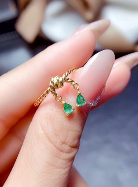 时尚小众款戒指镶嵌空托水滴3*4mm s925银镀18K金天然祖母绿