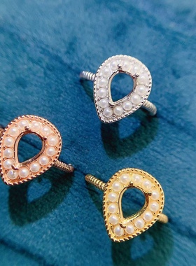 s925银饰戒指空托水滴形6*8mm珍珠装饰款时尚气质优雅百搭开口戒