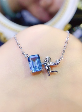 s925银饰锁骨链项链吊坠空托天使时尚欧美潮流长方6*8紫黄晶彩宝