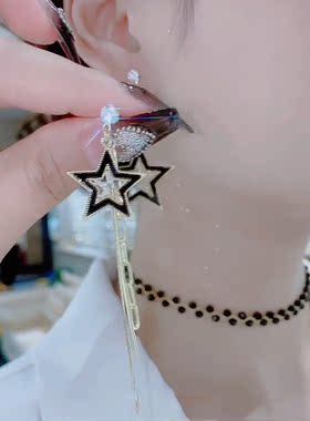 黑色五角星不对称耳钉耳环女高端