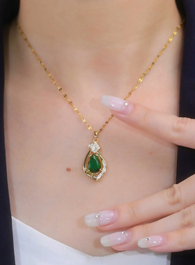 高级感绿色菱形水滴锁骨链项链女