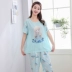 Bộ đồ ngủ bằng vải cotton cho nữ mùa hè phiên bản Hàn Quốc của quần lửng hai dây ngắn tay ngắn gọn gàng - Giống cái