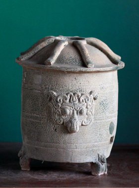 唐三彩陶瓷三足兽头粮仓大全摆件