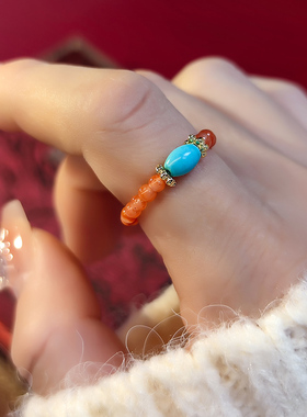 南红玛瑙小米珠戒指女款可调节新中式指环2025蛇年本命年红色礼物