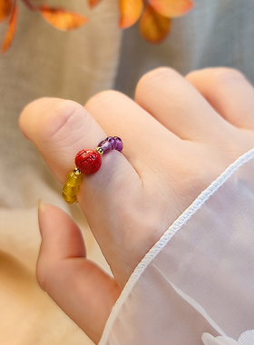 本命年朱砂六字真言戒指女简约串珠食指戒潮流禅意新中式水晶指环