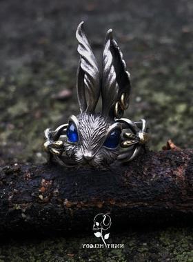 复古银色爱丽丝兔子开口戒指指环 欧美大耳朵红眼兔戒指ins男女戒