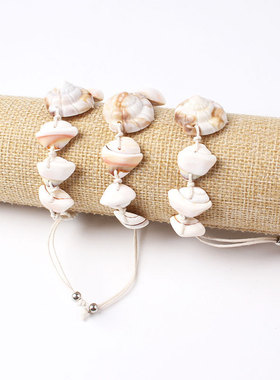 夏季流行新款天然贝壳手链手工编织米白扇贝手串海边度假手环