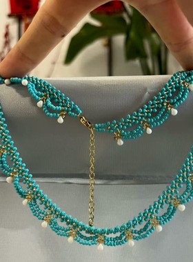 多层蕾丝撞色串珠项链夏天多巴胺精致气质新中式民族风锁骨
