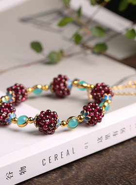 国风天然石榴石简约女款石榴石手链搭配天河石景泰蓝配饰手串