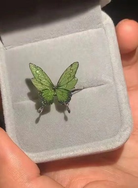 小红书同款浅绿色蝴蝶闪闪亮开口戒指小众清新指环2新款
