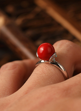 一生安朱砂红颜戒指s925纯银镶嵌活口可调节新中式简约复古礼物