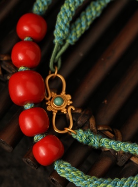 一生安朱砂五路财神锁骨链项链女藏传民族风女手工精编天珠中国风