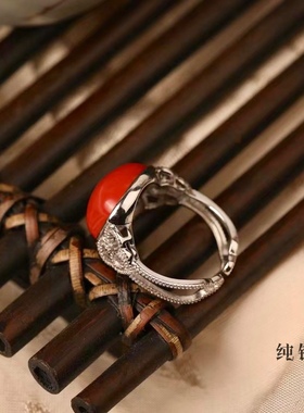 一生安朱砂如意戒指中式男女本命年指环纯银镶嵌可调节中国风复古