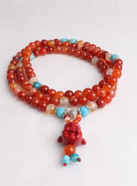 原创红玛瑙绿松石多层弥勒佛手链