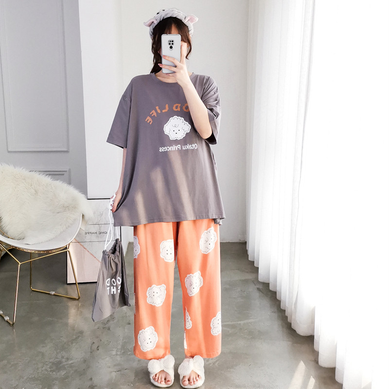 纯棉布袋卡通睡衣女短袖长裤加大码夏季两件套简约胖mm宽松家居服,淘宝优惠券,粉丝福利购,淘宝优惠卷