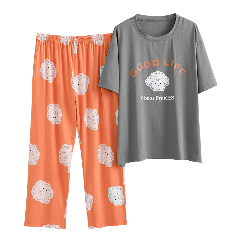纯棉布袋卡通睡衣女短袖长裤加大码夏季两件套简约胖mm宽松家居服,淘宝优惠券,粉丝福利购,淘宝优惠卷