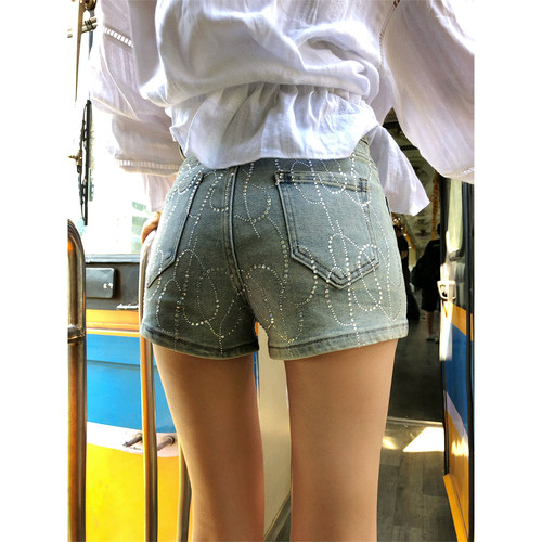 李婉君原创重磅设计85棉立体烫钻牛仔短裤女复古百搭显瘦直筒短裤 - 图2