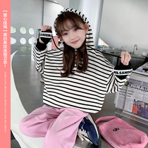 2023 Autumn loaded with new girl Han edition headsets letters necropolis Childrens baby Spring and autumn foreign air stripe Lianhood blouses