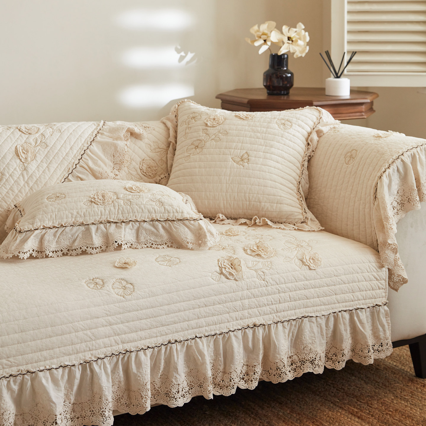 菲诗卡法式轻奢棉麻沙发垫立体绣花四季通用防滑高级感坐垫套罩巾,淘宝优惠券,粉丝福利购,淘宝优惠卷