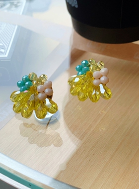黄蓝撞色水晶串珠花簇耳钉日系