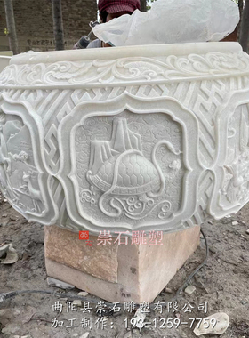 石雕鱼缸花盆底座柱墩养鱼造景盆石头水荷花缸室外石庭院摆件一对