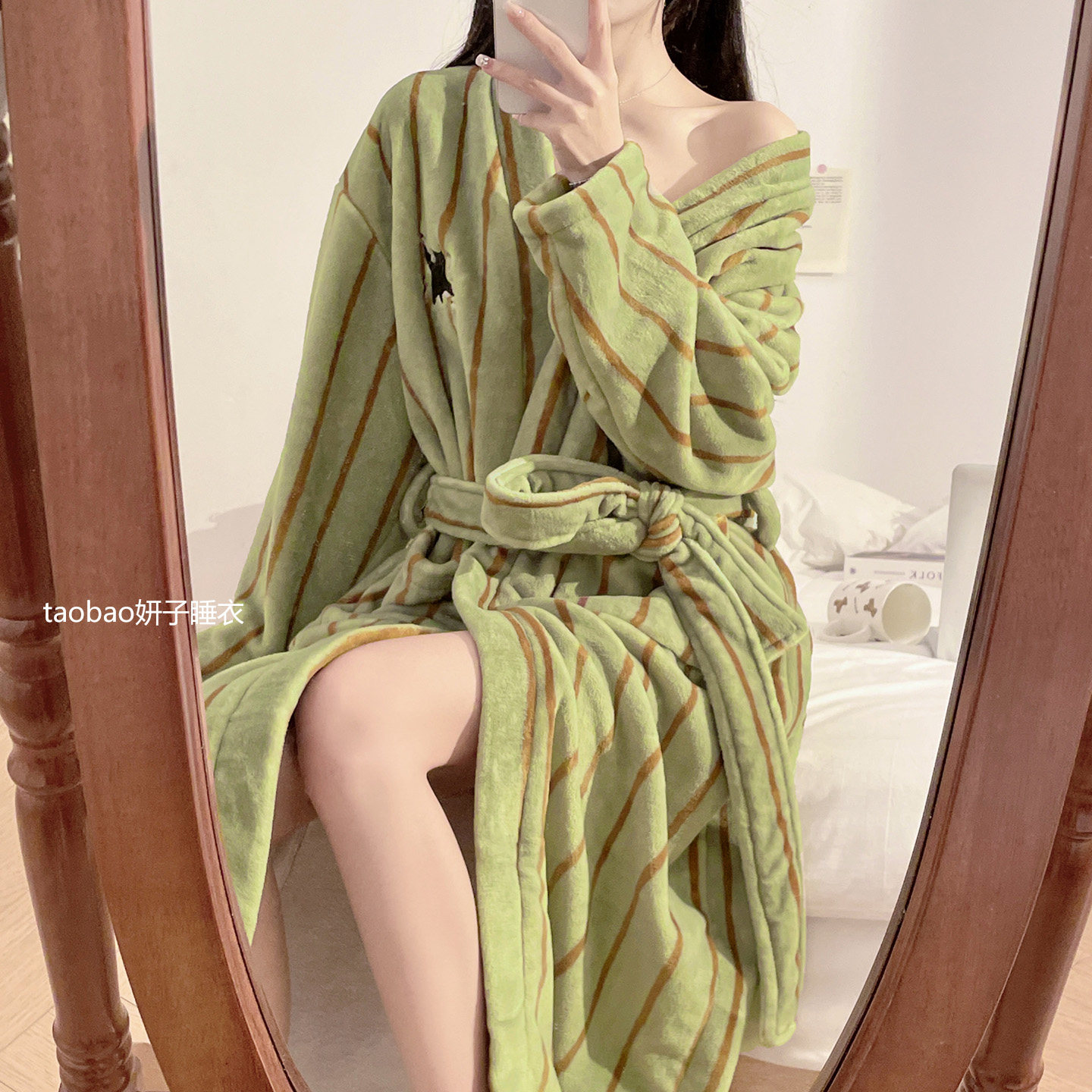 系带浴袍女中长款性感睡袍秋冬季珊瑚绒条纹睡裙法兰绒睡衣2025新,淘宝优惠券,粉丝福利购,淘宝优惠卷