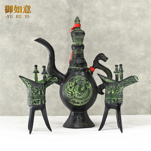 青铜器摆件婚礼用酒壶酒杯三国汉代三足壶龙凤壶套装汉婚影视道具 - 图0
